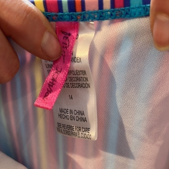 Betsey Johnson Girls One Piece Striped Bathing Suit with Pom Poms size 14 - Picture 10 of 13